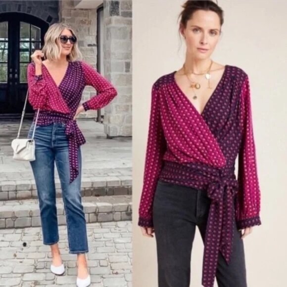 Maeve Anthropologie Lisa Puff Sleeve Faux Wrap Blouse Sz 0 - Picture 1 of 13